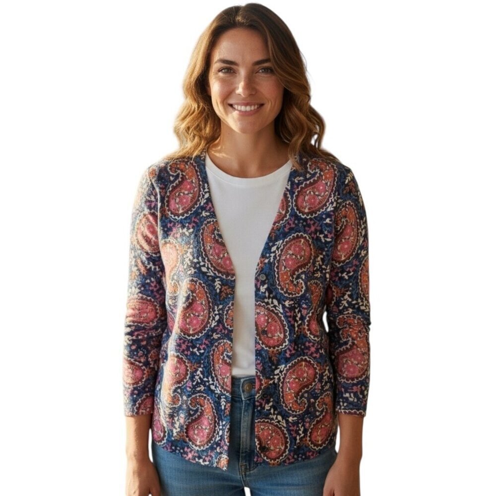 Talbots Merino Wool Cardigan Sweater XL Blue Pink Orange Paisley